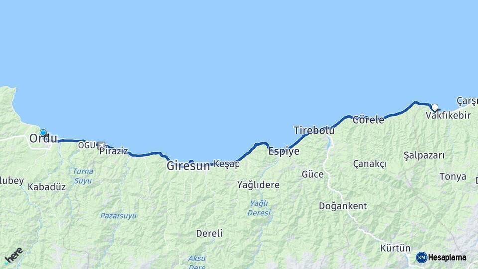 Ordu Beşikdüzü Trabzon Arası Kaç Km - Yol Haritası