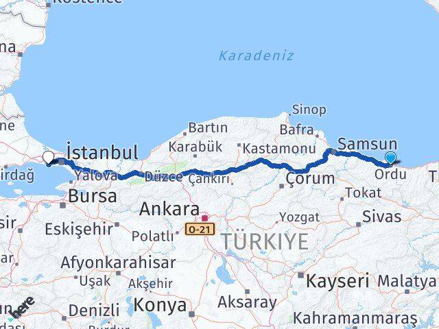 Ordu Beylikdüzü İstanbul Arası Kaç Km - Yol Haritası