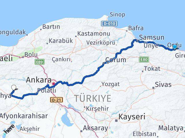 Ordu Beylikova Eskişehir Arası Kaç Km - Yol Haritası