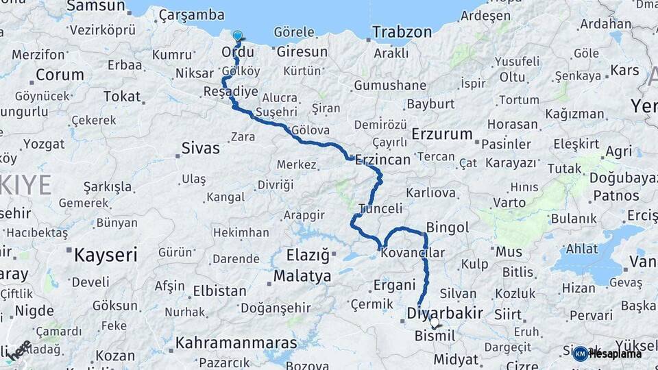 Ordu Bismil Diyarbakır Arası Kaç Km - Yol Haritası