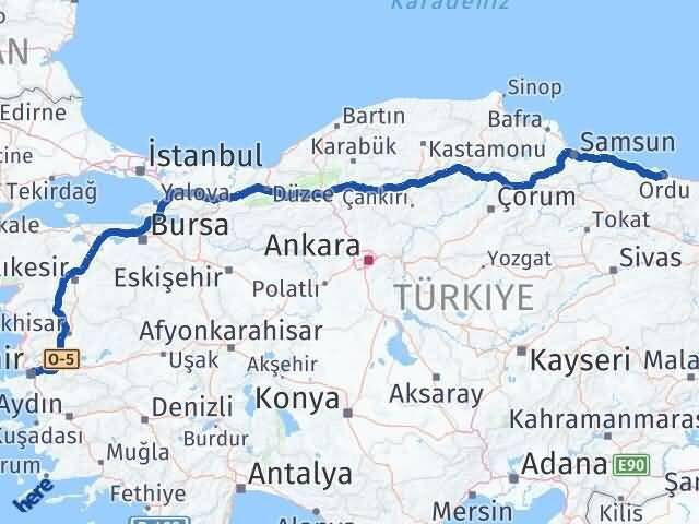 Ordu Bornova İzmir Arası Kaç Km - Yol Haritası