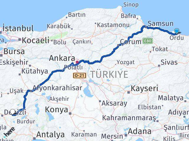 Ordu Bozkurt Denizli Arası Kaç Km - Yol Haritası
