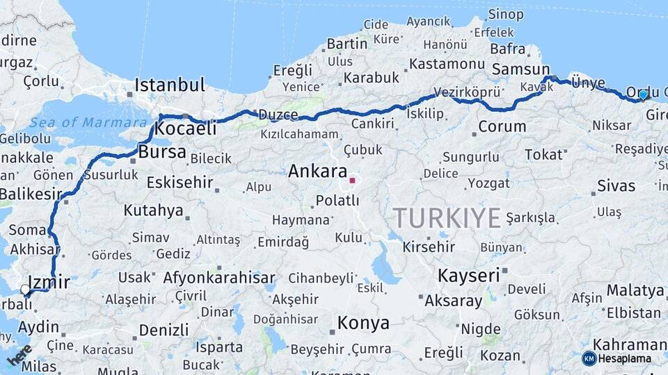 Ordu Buca İzmir Arası Kaç Km - Yol Haritası