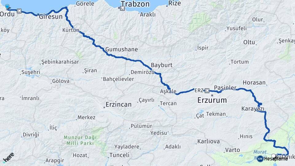 Ordu Bulanık Muş Arası Kaç Km - Yol Haritası