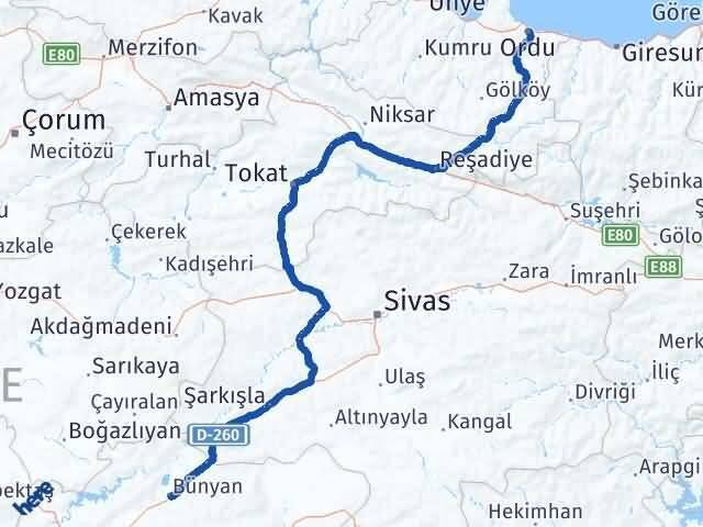 Ordu Bünyan Kayseri Arası Kaç Km - Yol Haritası