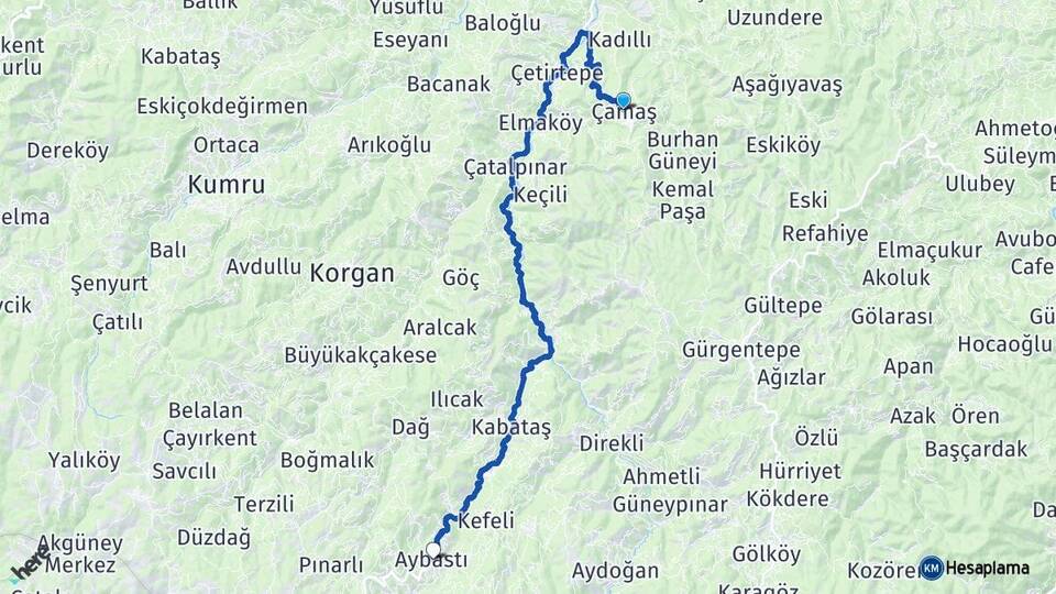 Ordu Çamaş Aybastı Arası Kaç Km - Yol Haritası