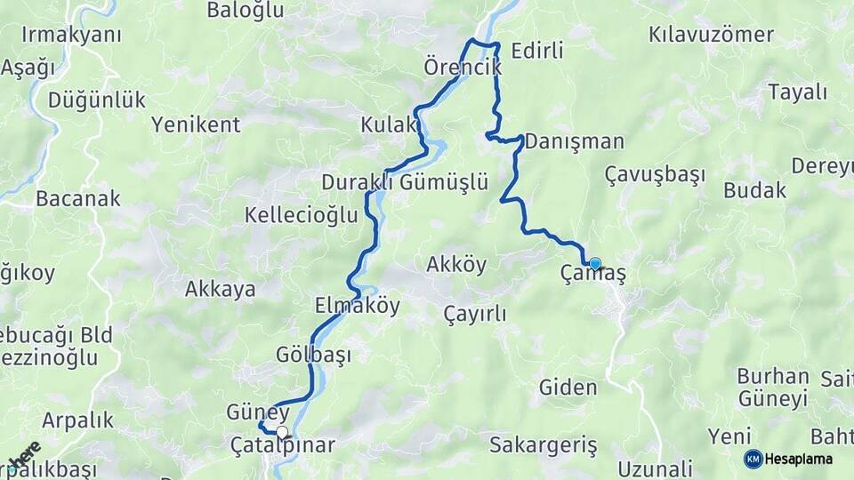 Ordu Çamaş Çatalpınar Arası Kaç Km - Yol Haritası