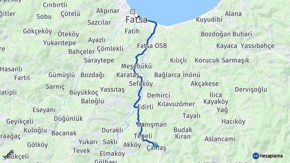 Ordu Çamaş Fatsa Arası Kaç Km - Yol Haritası