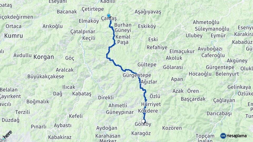 Ordu Çamaş Gölköy Arası Kaç Km - Yol Haritası