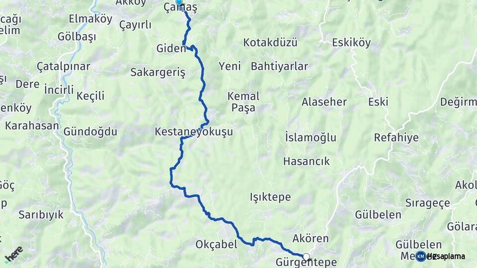 Ordu Çamaş Gürgentepe Arası Kaç Km - Yol Haritası