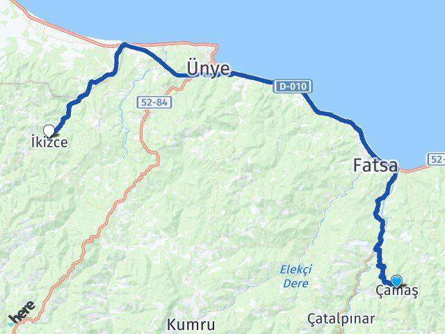 Ordu Çamaş İkizce Arası Kaç Km - Yol Haritası