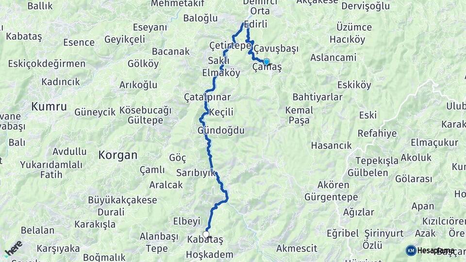 Ordu Çamaş Kabataş Arası Kaç Km - Yol Haritası