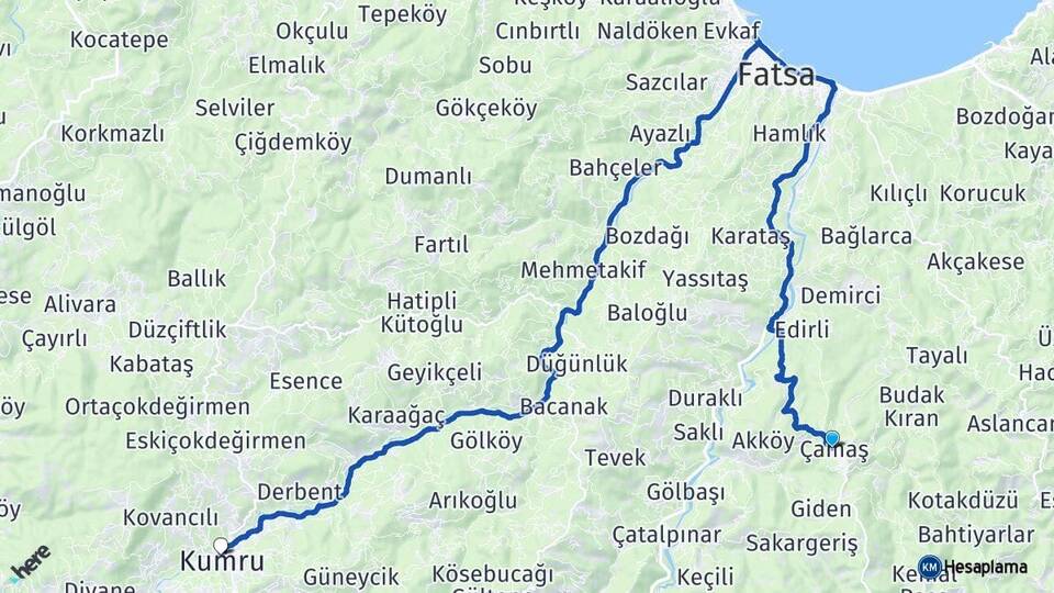 Ordu Çamaş Kumru Arası Kaç Km - Yol Haritası