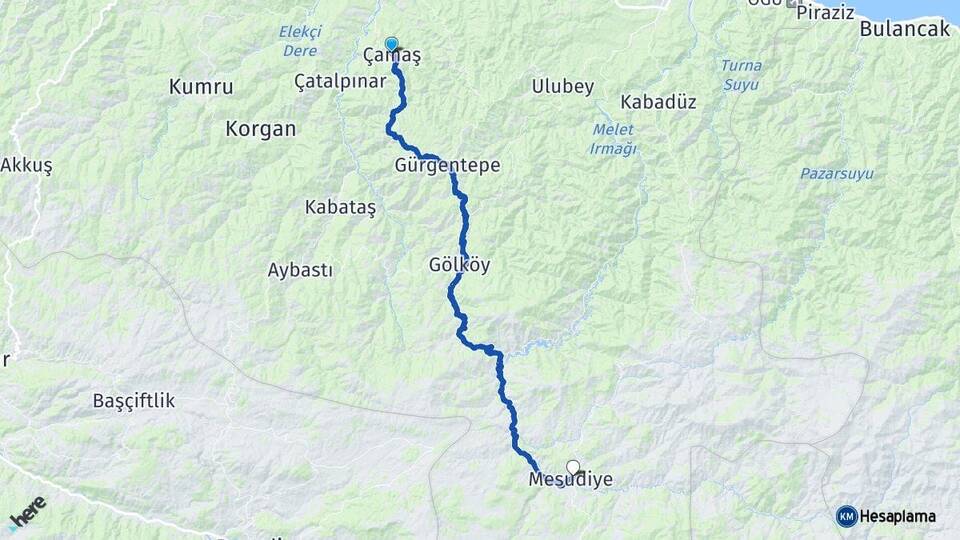 Ordu Çamaş Mesudiye Arası Kaç Km - Yol Haritası