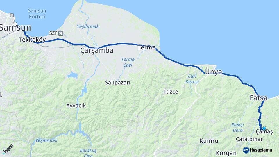 Ordu Çamaş Samsun Arası Kaç Km - Yol Haritası