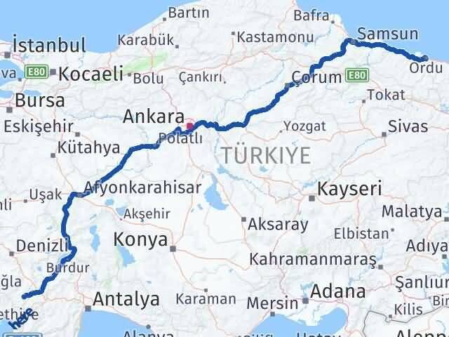 Ordu Çameli Denizli Arası Kaç Km - Yol Haritası