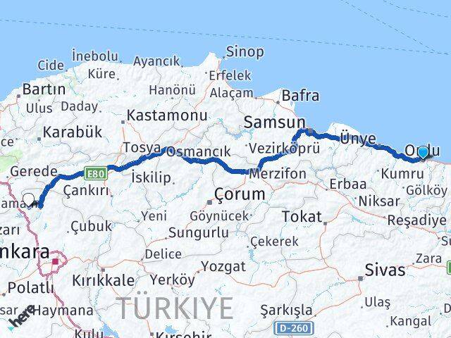 Ordu Çamlıdere Ankara Arası Kaç Km - Yol Haritası