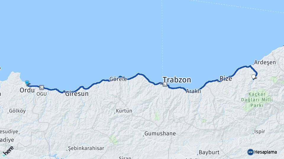 Ordu Çamlıhemşin Rize Arası Kaç Km - Yol Haritası