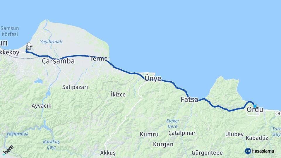 Ordu Çarşamba Havalimanı Arası Kaç Km - Yol Haritası