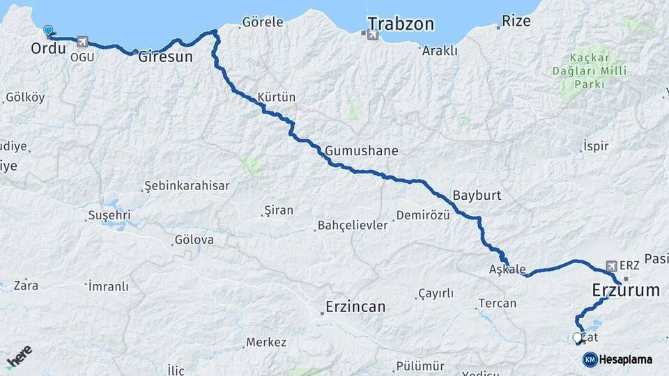 Ordu Çat Erzurum Arası Kaç Km - Yol Haritası