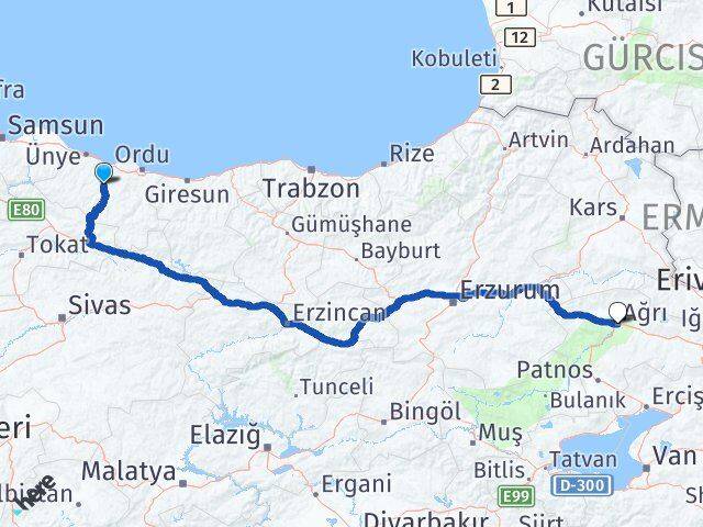 Ordu Çatalpınar Ağrı Arası Kaç Km - Yol Haritası