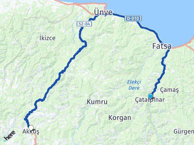 Ordu Çatalpınar Akkuş Arası Kaç Km - Yol Haritası