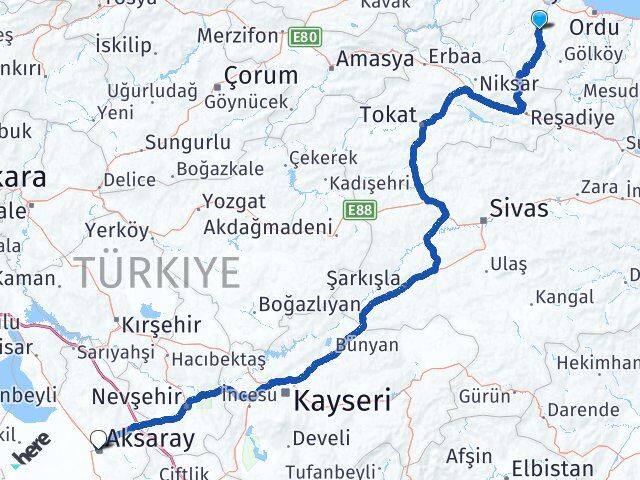 Ordu Çatalpınar Aksaray Arası Kaç Km - Yol Haritası