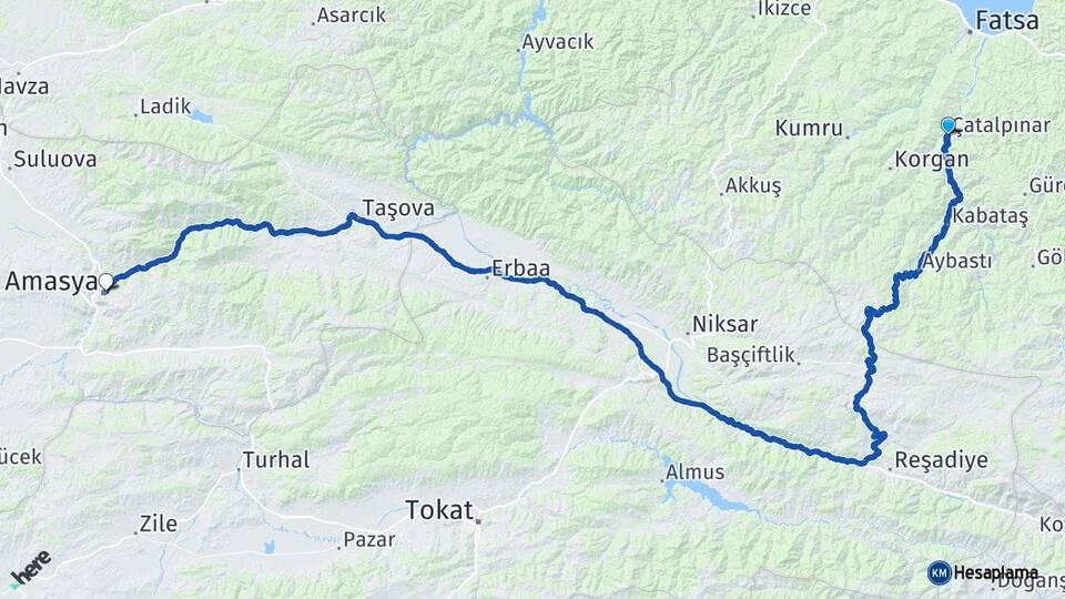 Ordu Çatalpınar Amasya Arası Kaç Km - Yol Haritası