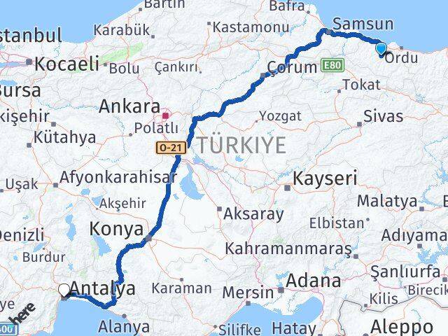 Ordu Çatalpınar Antalya Arası Kaç Km - Yol Haritası