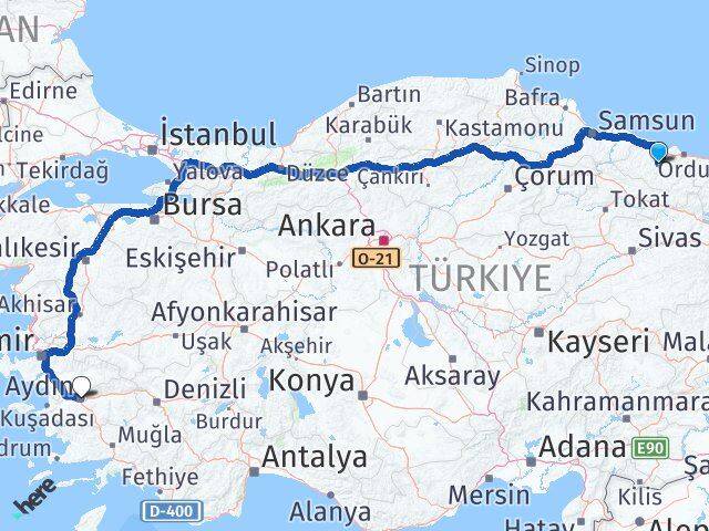 Ordu Çatalpınar Aydın Arası Kaç Km - Yol Haritası