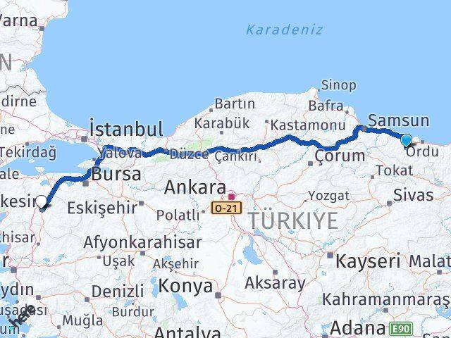 Ordu Çatalpınar Balıkesir Arası Kaç Km - Yol Haritası
