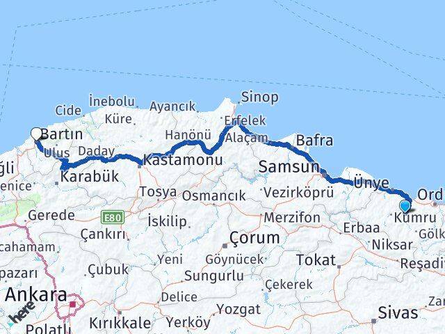 Ordu Çatalpınar Bartın Arası Kaç Km - Yol Haritası