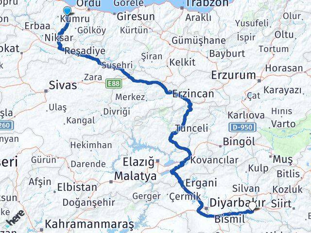 Ordu Çatalpınar Batman Arası Kaç Km - Yol Haritası