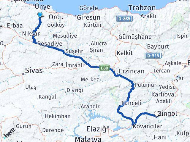 Ordu Çatalpınar Bingöl Arası Kaç Km - Yol Haritası