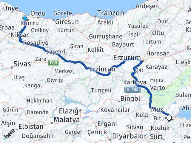 Ordu Çatalpınar Bitlis Arası Kaç Km - Yol Haritası