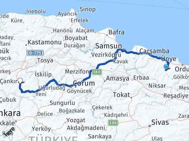 Ordu Çatalpınar Çankırı Arası Kaç Km - Yol Haritası