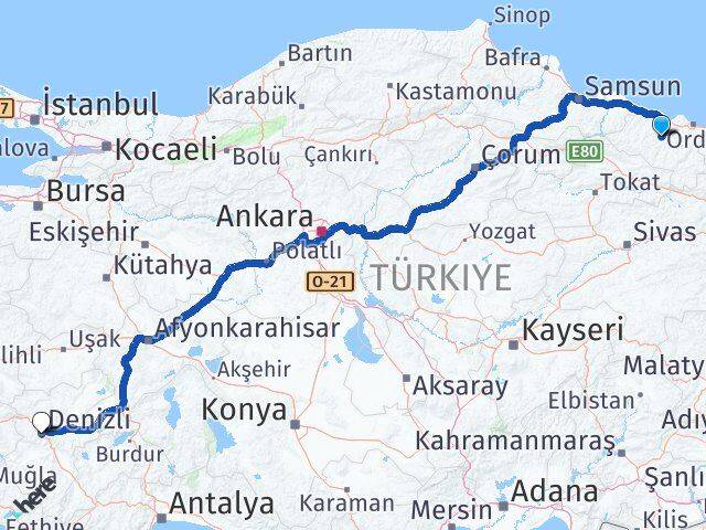 Ordu Çatalpınar Denizli Arası Kaç Km - Yol Haritası