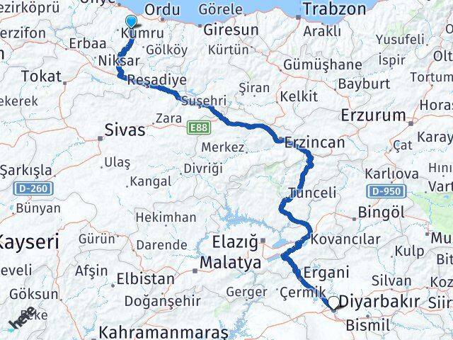 Ordu Çatalpınar Diyarbakır Arası Kaç Km - Yol Haritası