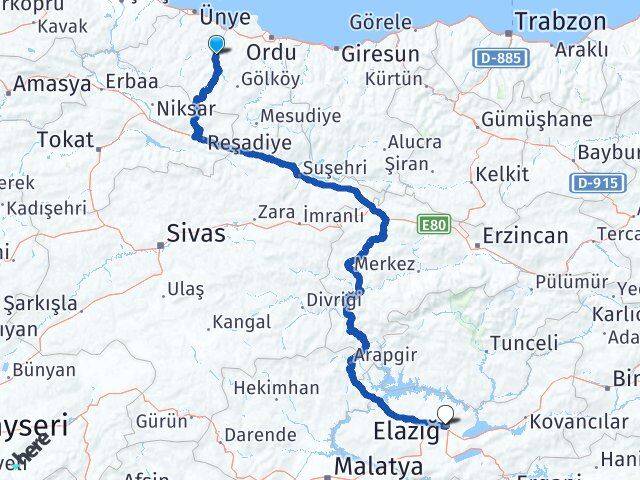 Ordu Çatalpınar Elazığ Arası Kaç Km - Yol Haritası