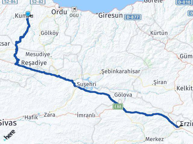 Ordu Çatalpınar Erzincan Arası Kaç Km - Yol Haritası