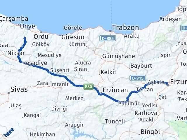 Ordu Çatalpınar Erzurum Arası Kaç Km - Yol Haritası