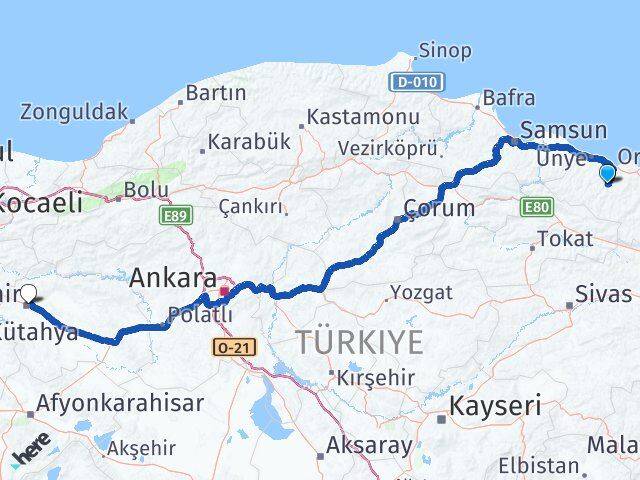 Ordu Çatalpınar Eskişehir Arası Kaç Km - Yol Haritası