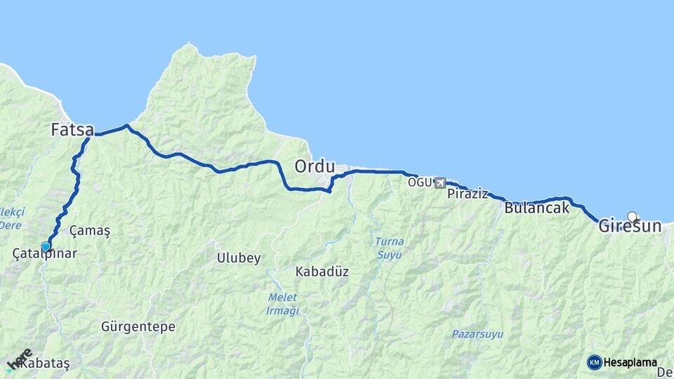 Ordu Çatalpınar Giresun Arası Kaç Km - Yol Haritası