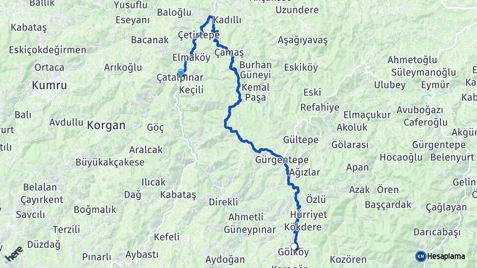 Ordu Çatalpınar Gölköy Arası Kaç Km - Yol Haritası