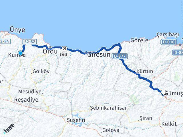 Ordu Çatalpınar Gümüşhane Arası Kaç Km - Yol Haritası