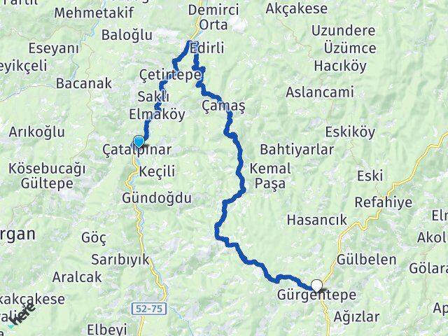 Ordu Çatalpınar Gürgentepe Arası Kaç Km - Yol Haritası
