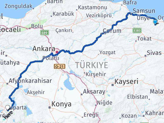 Ordu Çatalpınar Isparta Arası Kaç Km - Yol Haritası