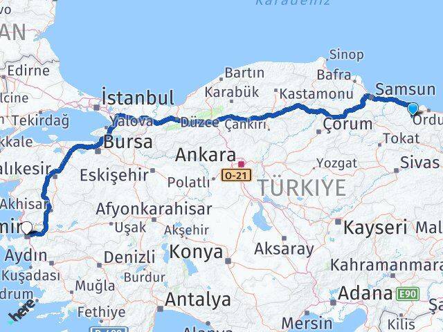 Ordu Çatalpınar İzmir Arası Kaç Km - Yol Haritası