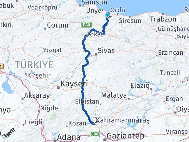Ordu Çatalpınar Kahramanmaraş Arası Kaç Km - Yol Haritası