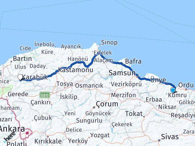 Ordu Çatalpınar Karabük Arası Kaç Km - Yol Haritası